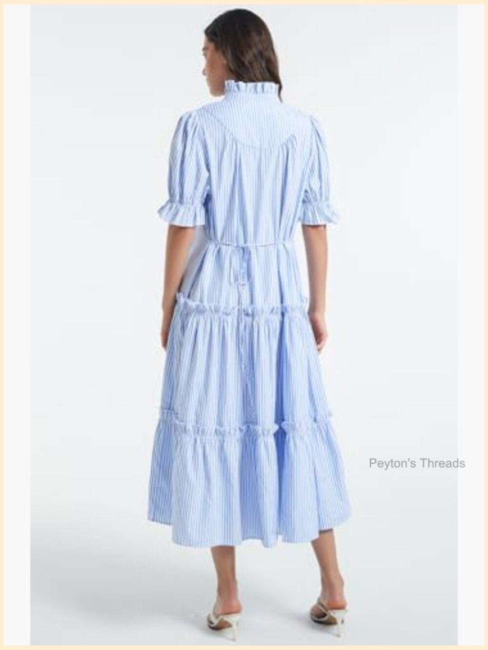 Women Casual Button Down Maxi Dress Short Puff Sleeves Stand Collar Tiered - Picture 5 of 7